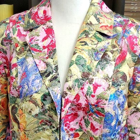 Chico's Floral Textured Satiny  Chic Long Sleeve Career Office Blazer - Picture 2 of 9